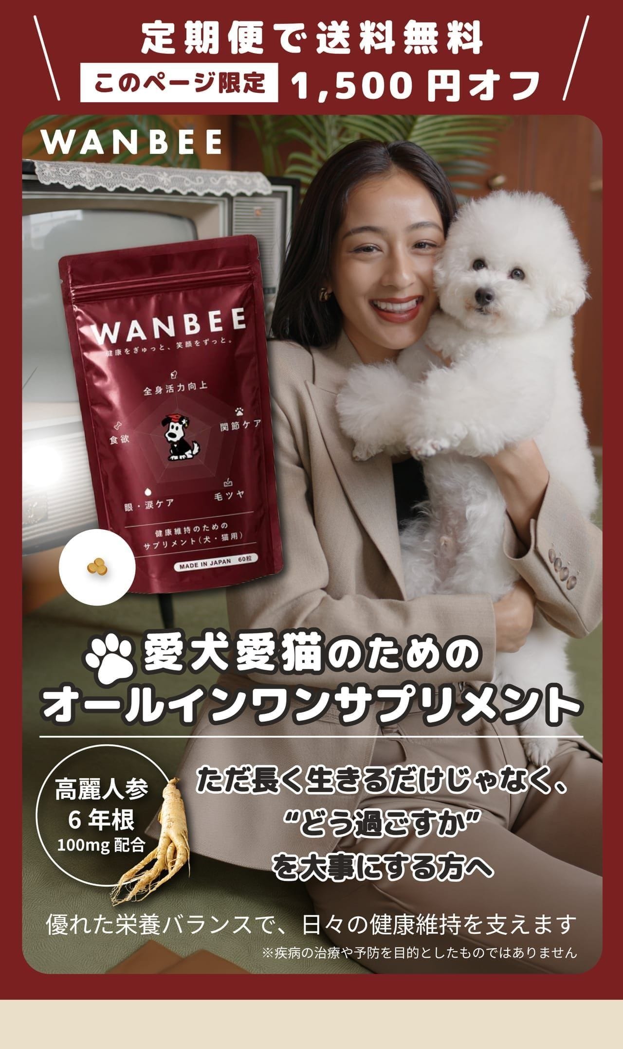 WANBEE 定期便で送料無料・このページ限定1,500円オフ。愛犬愛猫のためのオールインワンサプリメント